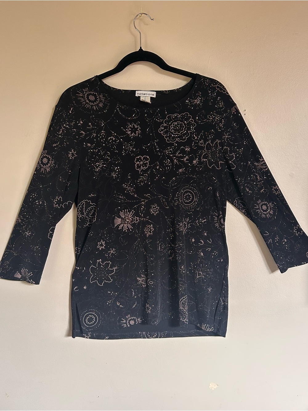 Notations Black Long Sleeve Floral Print Top